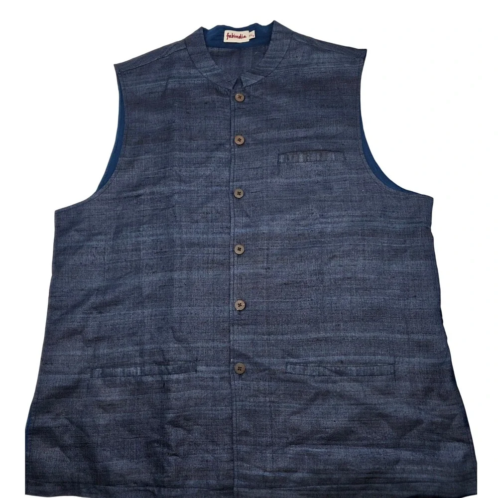 Indo-Casual Nehru Vest Men 2X Blue Silk Mandarin Collar Jacket Worldwide Art